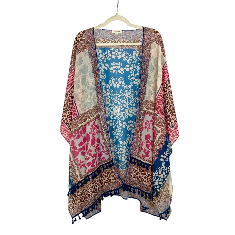 Umgee USA Boho Patchwork Kimono M/L Tassel Trim Multicolor Floral & Leopard Wrap